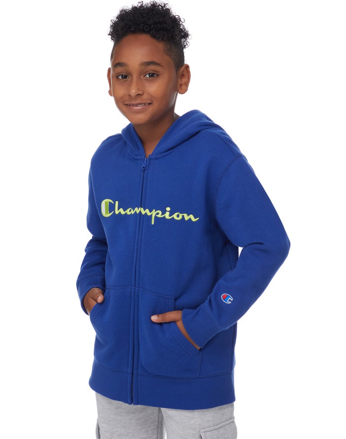 Champion Boys Hoodie NZ - Fleece C + Script Logos Blue ( 4602-XGRZK )